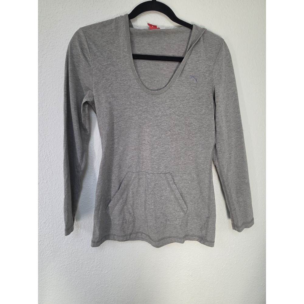 Puma Hoodie Women S Grey Solid Long Sleeve Pullover Sweatshirt Athleisure